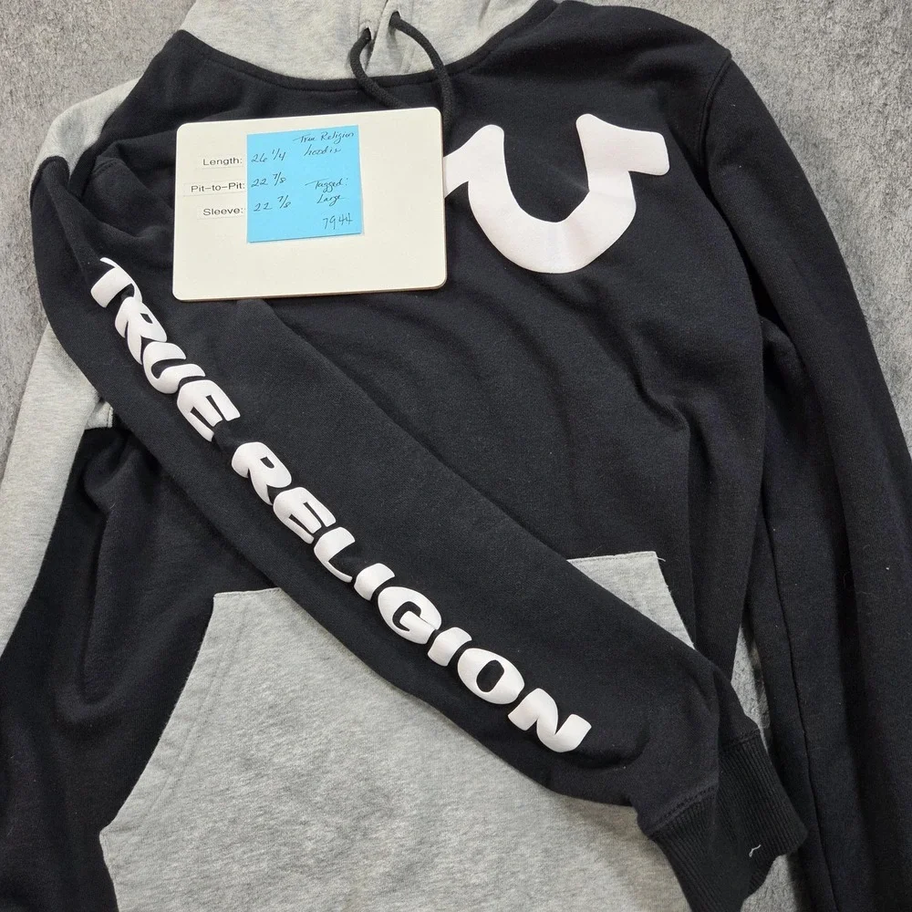 True Religion Hoodie Sweatshirt Mens Large Black Color Block Fleece Pullover